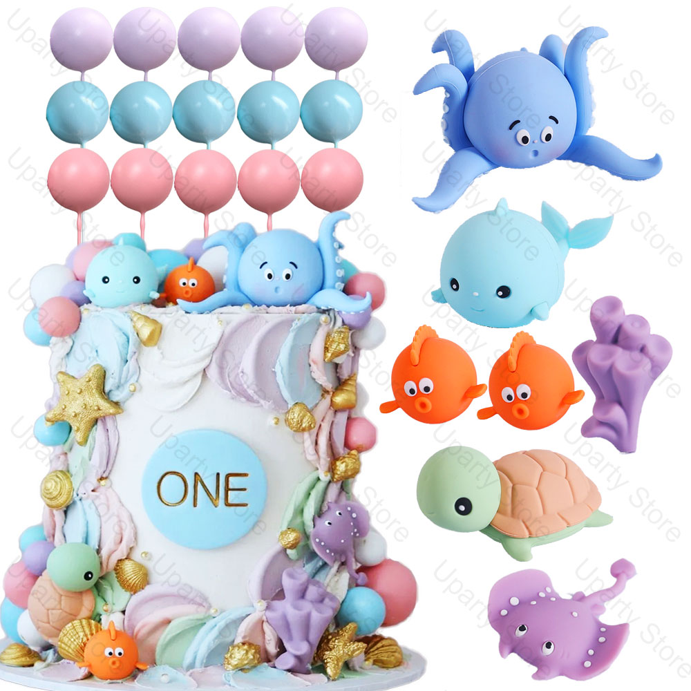 Marine Aquarium Decorations - 22Pcs Sea Animals Cake Toppers Pink
